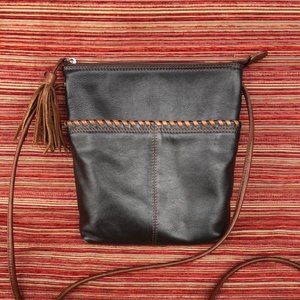 Ili Black Leather Crossbody Bag with Rust Brown Tassel and Trim